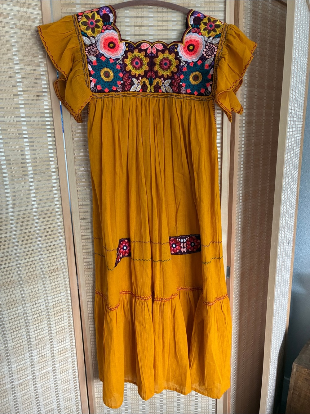 Mustard Yellow Mexican Embroidered Maxi Dress